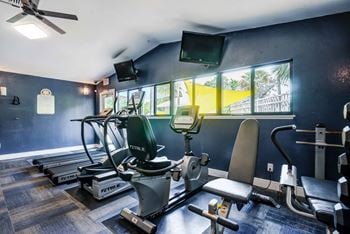 A gym with a variety of equipment including treadmills, exercise bikes, and a television